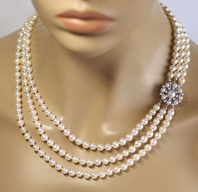 Foto 6 - Glamouröses Perlencollier dreireihig mit Diamanten, S2141