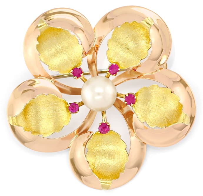 Foto 2 - Blüten Handarbeits-Brosche mit Perle und Rubinen 18K Gold, S2504