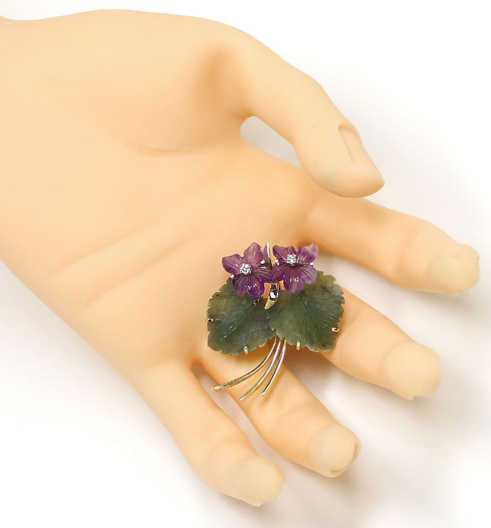Foto 4 - Veilchen Brosche mit Amethyst Blüten Diamanten Jade 14K, S9629
